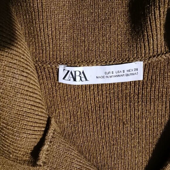 Zara Collard V-Neck‎ Sweater with Split Sleeves Tan Brown Size S Longer length - Picture 7 of 9